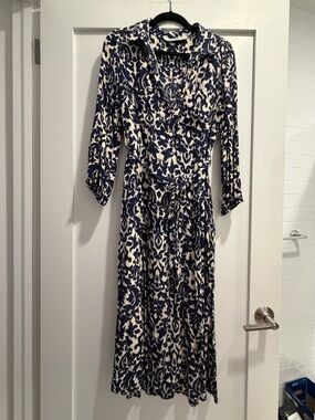Zara Navy and White Printed Midi Shirt Dress
